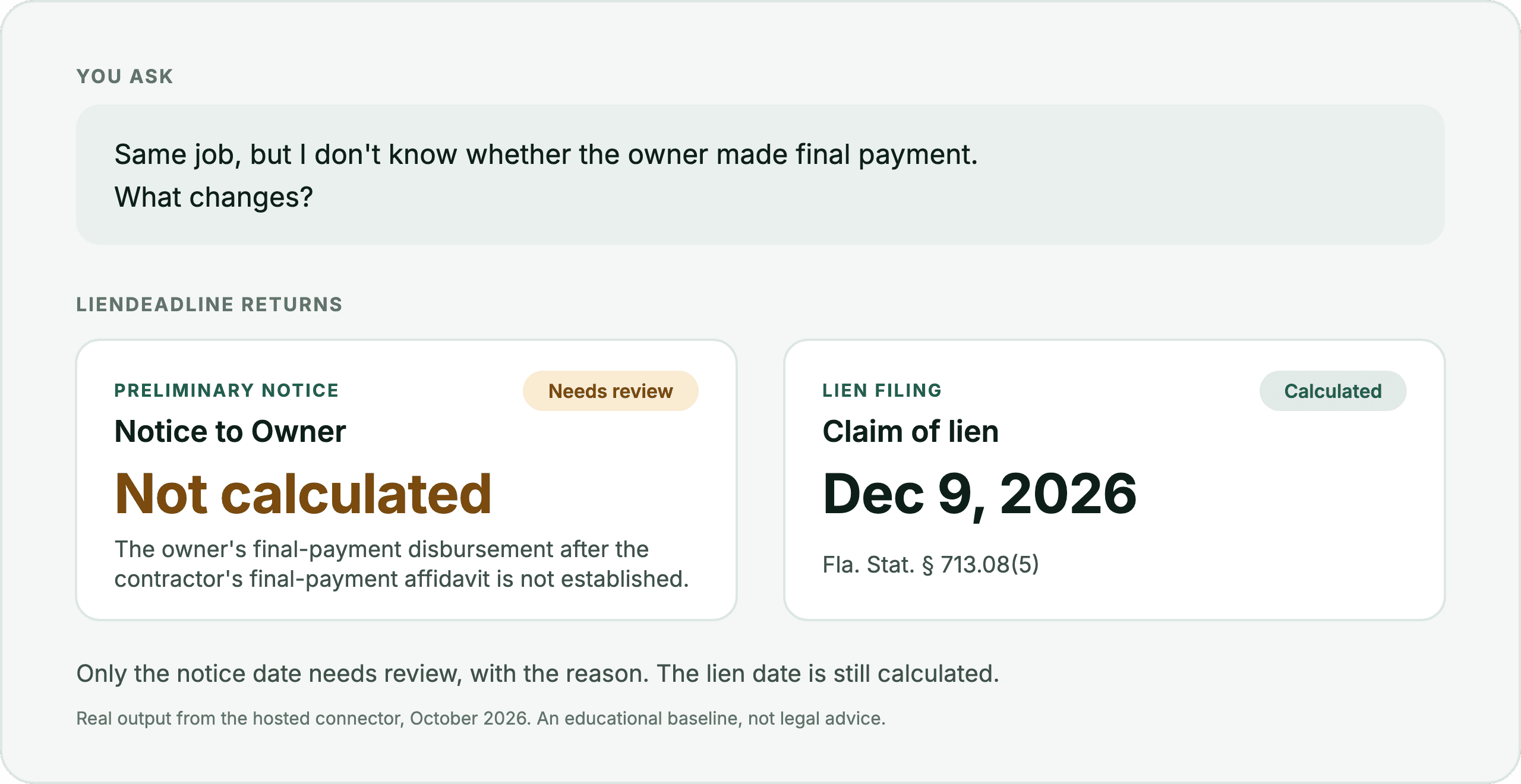 The Notice to Owner is not calculated and needs review because the owner's final-payment disbursement is not established; the claim of lien deadline is still calculated as Dec 9, 2026, under Fla. Stat. § 713.08(5).