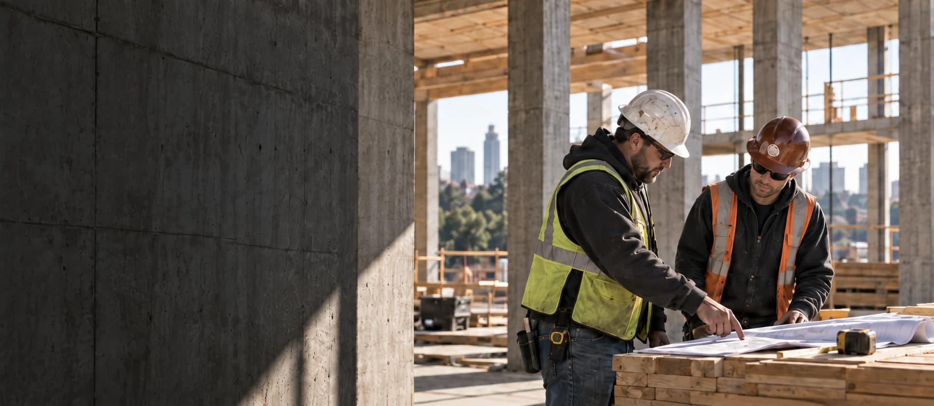 Two construction workers reviewing plans at a jobsite.